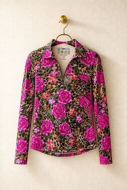 NWOT IBKUL Jovanna print long-sleeve zip mock neck pullover, Med UPF golf shirt,